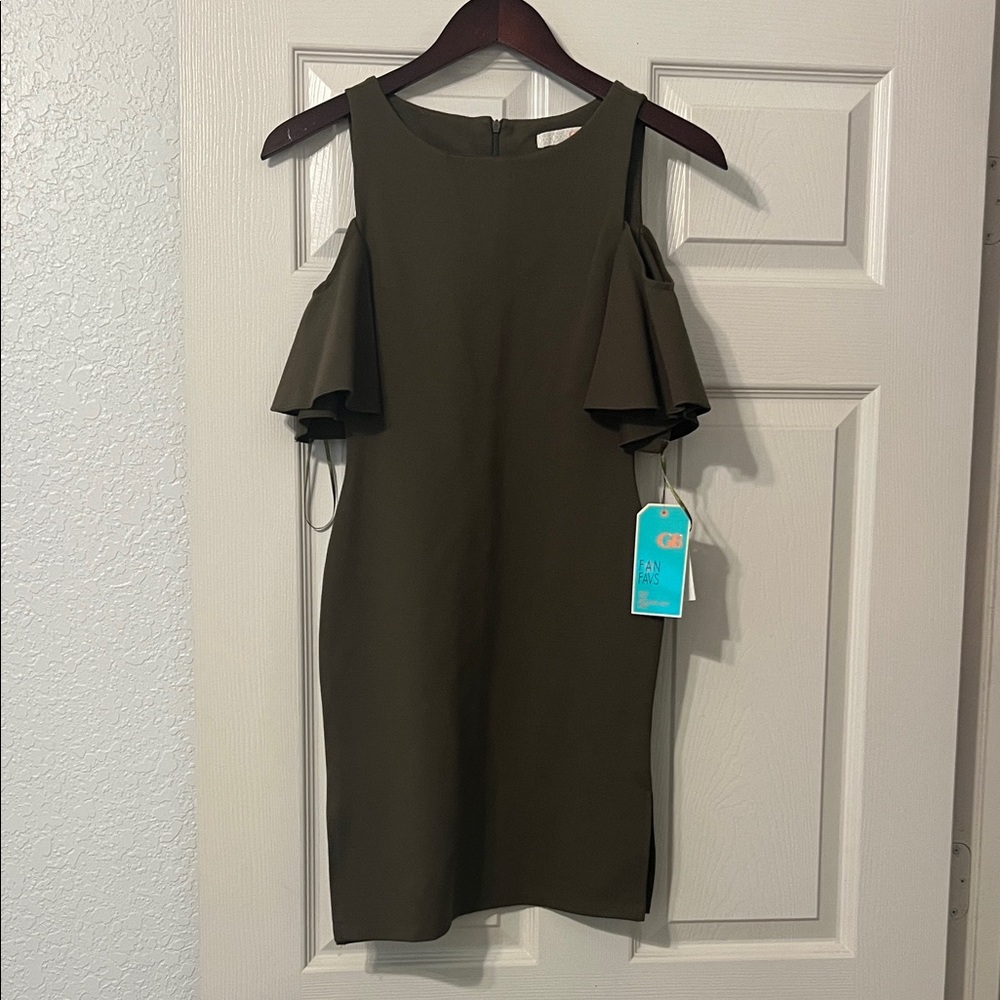 Chic Cold Shoulder Flare Sleeve Mini Dress in Olive NEW